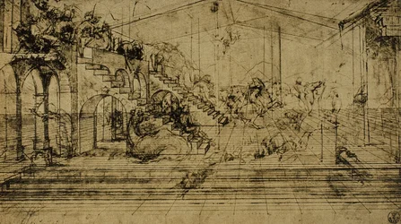 Studie der Perspektive, Zeichnung von Leonardo da Vinci. Gabinetto dei Disegni e delle Stampe, Uffizien, Florenz